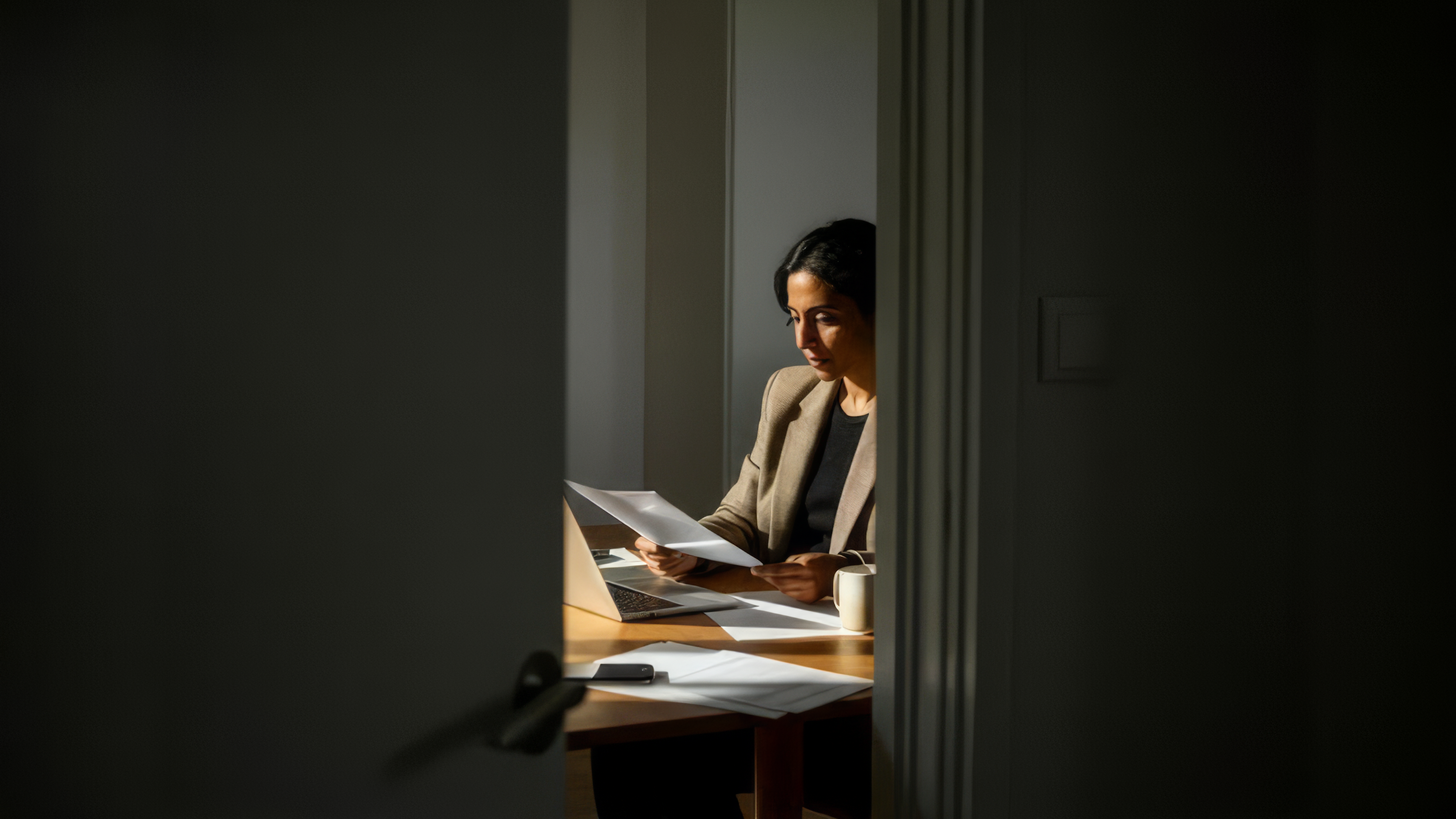 A woman in a beige blazer works at a desk with papers and a laptop, viewed through a partially open door in a dimly lit room.