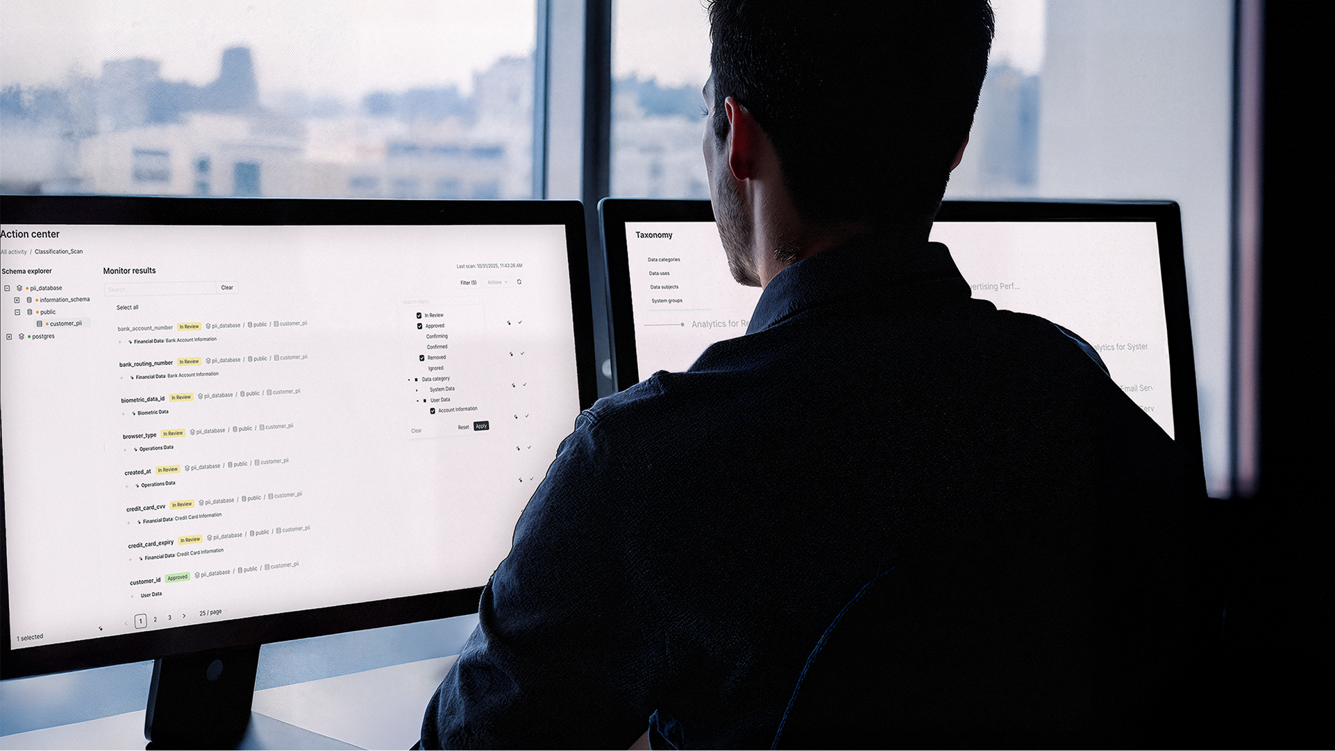 Man sitting in front of computer screens working in Fides.