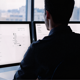 Man sitting in front of computer screens working in Fides.