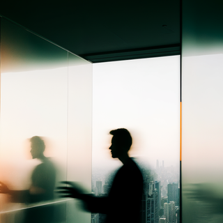 An office corridor with a person reflected in glass walking, in front of a city skyline.