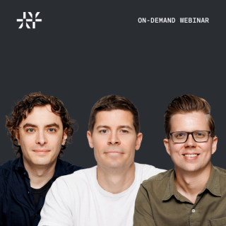 Three headshot photos of Ethyca webinar panellists on a blue background with Ethyca logo.