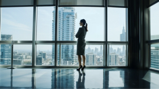 A woman standing in front of a wall of windows looking out onto a city skyline.