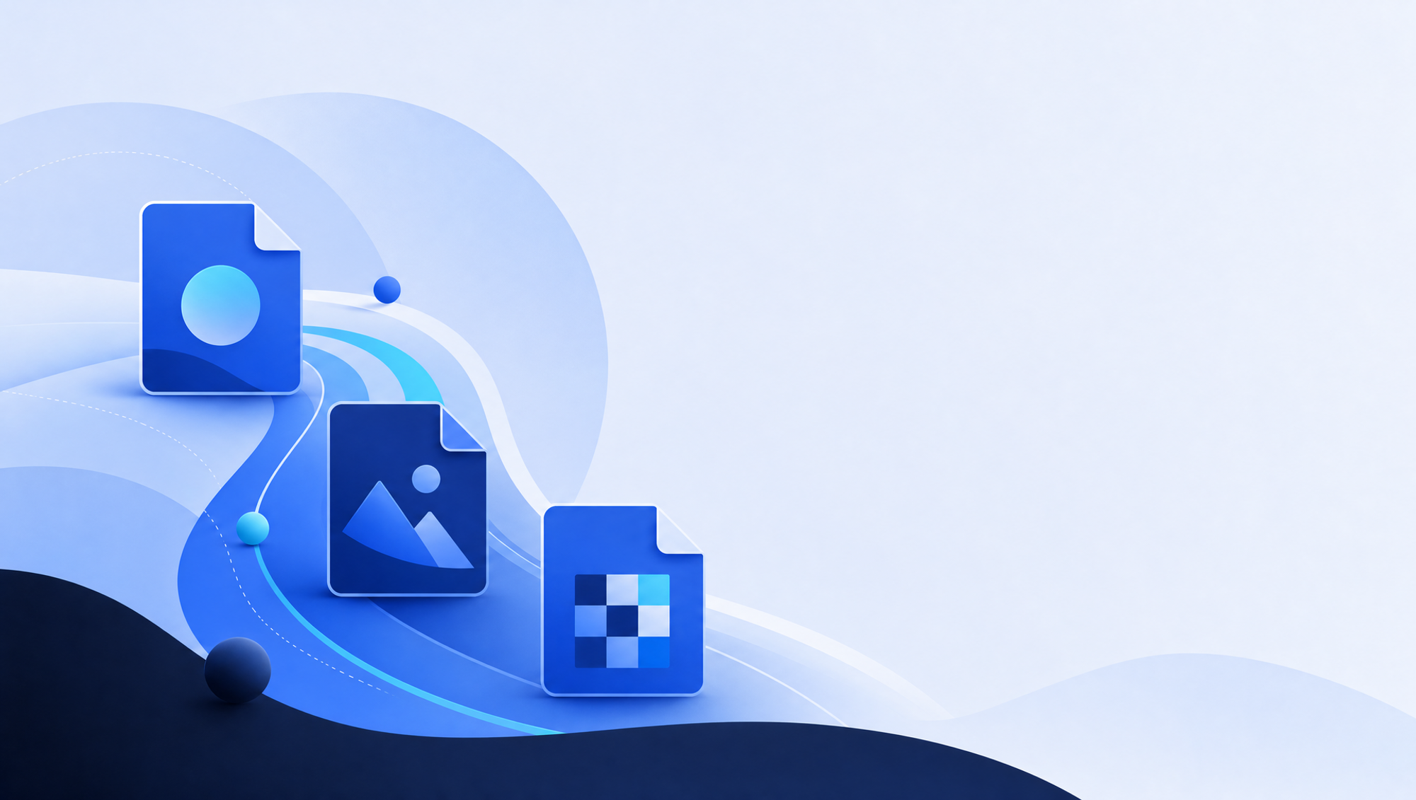 Drei stilisierte blaue Datei-Icons – ein Dokument, ein Bildsymbol und ein Farbraster – sind durch einen geschwungenen leuchtenden Pfad auf abstraktem blauem Hintergrund miteinander verbunden.