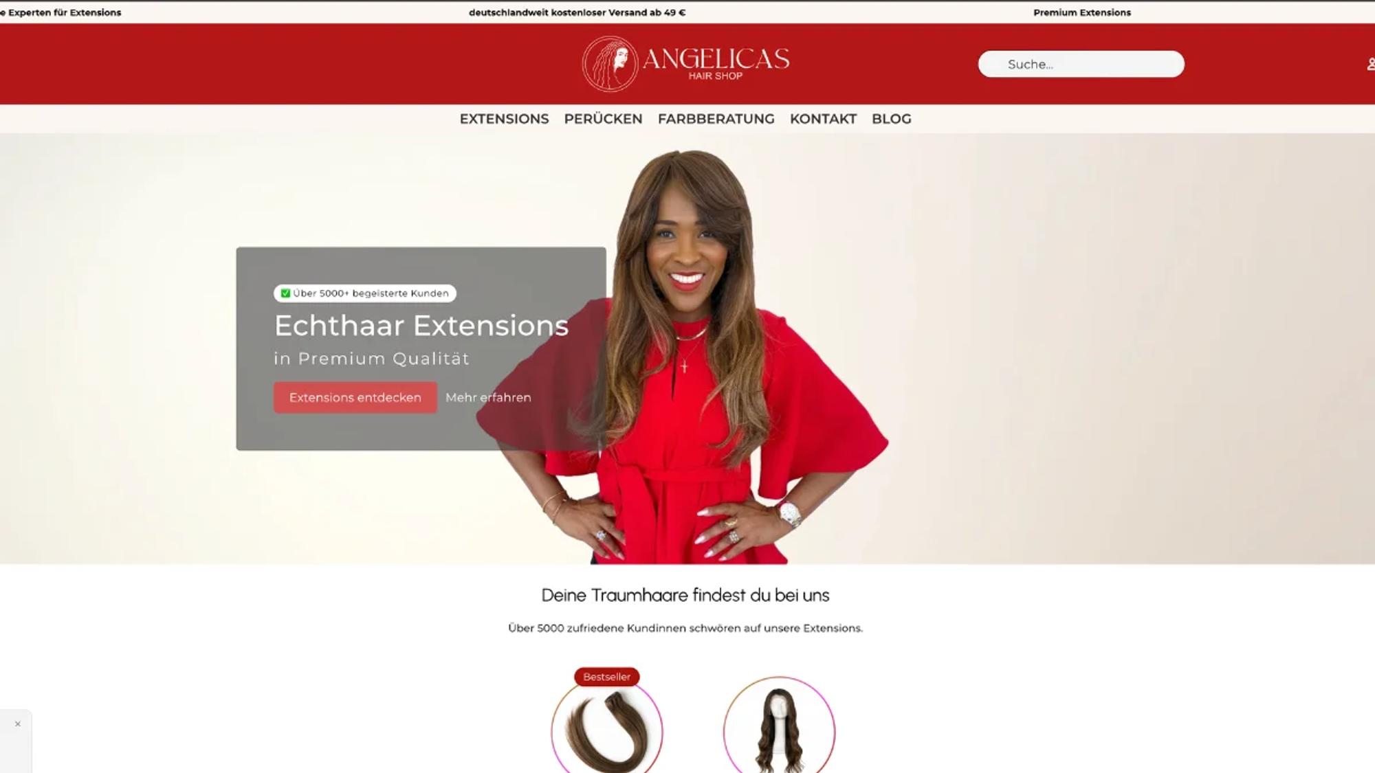 Startseite des Onlineshops Angelicas Hair Shop mit einer Frau mit langen Echthaar-Extensions