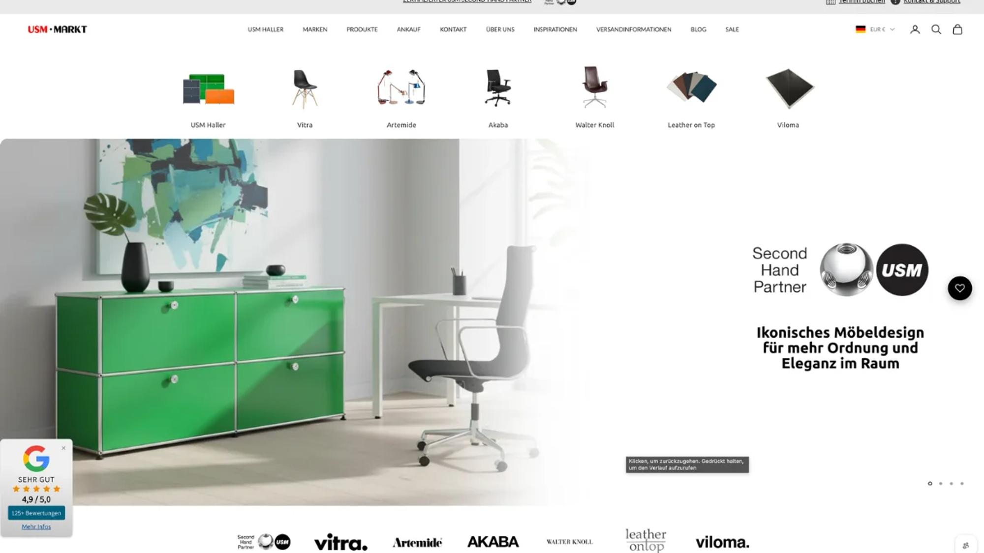 Startseite des Onlineshops USM Markt mit einem grünen USM-Haller-Sideboard in einem hellen Büro