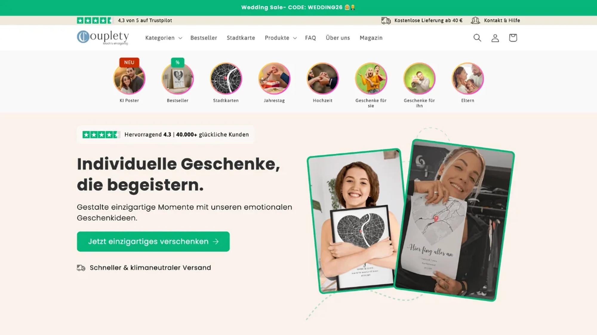 Startseite des Onlineshops Couplety mit personalisierten Geschenkpostern und einer Kategorie-Übersicht