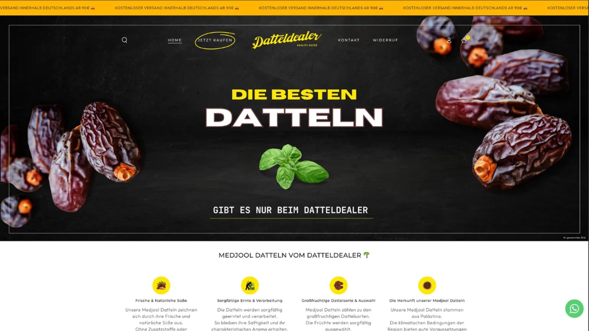 Startseite des Onlineshops Datteldealer mit Medjool-Datteln auf dunklem Hintergrund