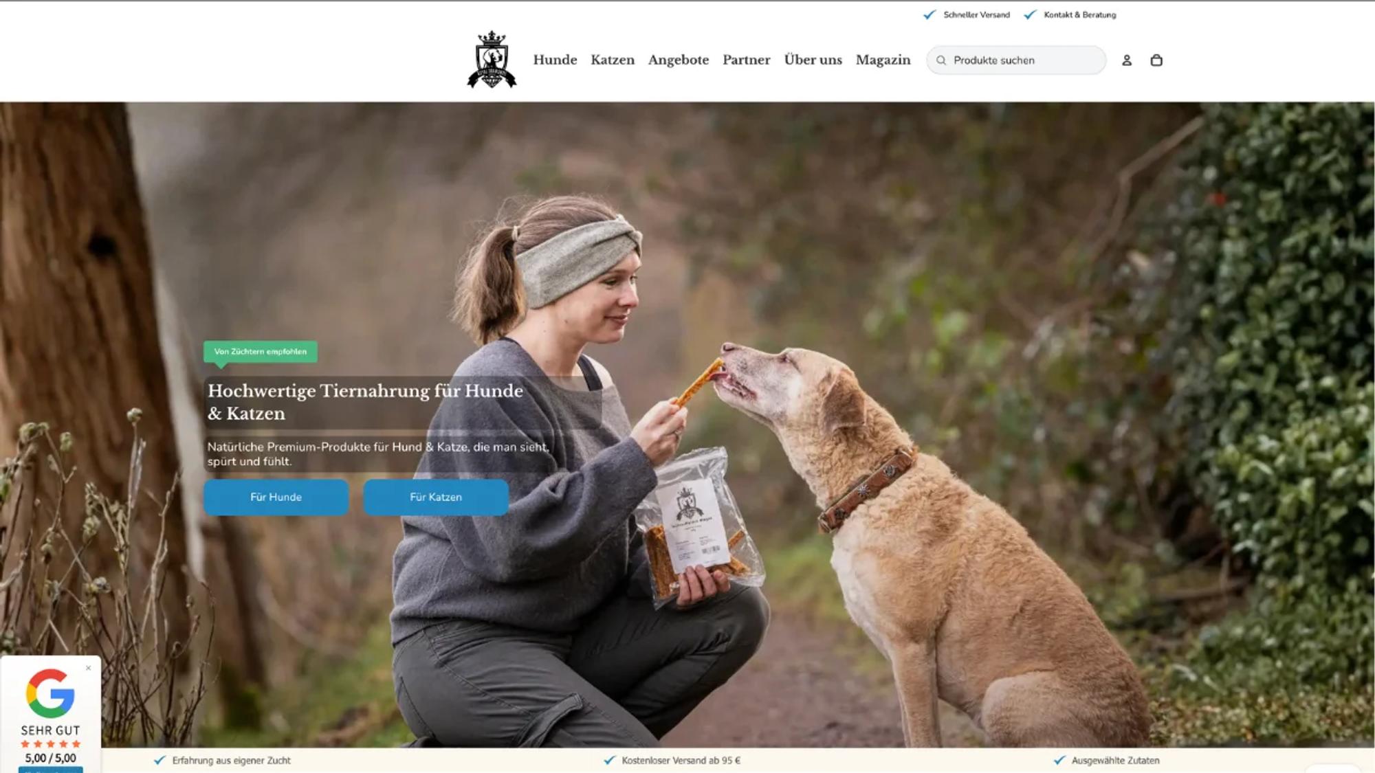 Startseite des Onlineshops Royal Diamonds mit einer Frau, die einem Hund einen Kausnack gibt