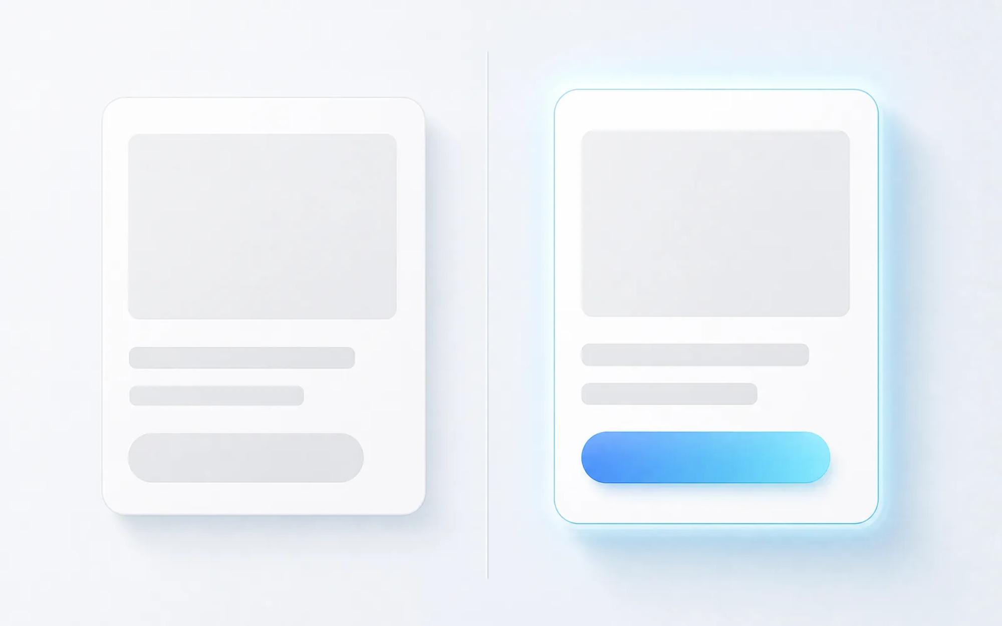 Zwei gleich aufgebaute abstrakte Karten aus Bildplatzhalter und Textbalken nebeneinander, getrennt durch eine feine senkrechte Linie; die rechte trägt einen blau-cyanen Button und einen leuchtenden blauen Rahmen, die linke bleibt hellgrau