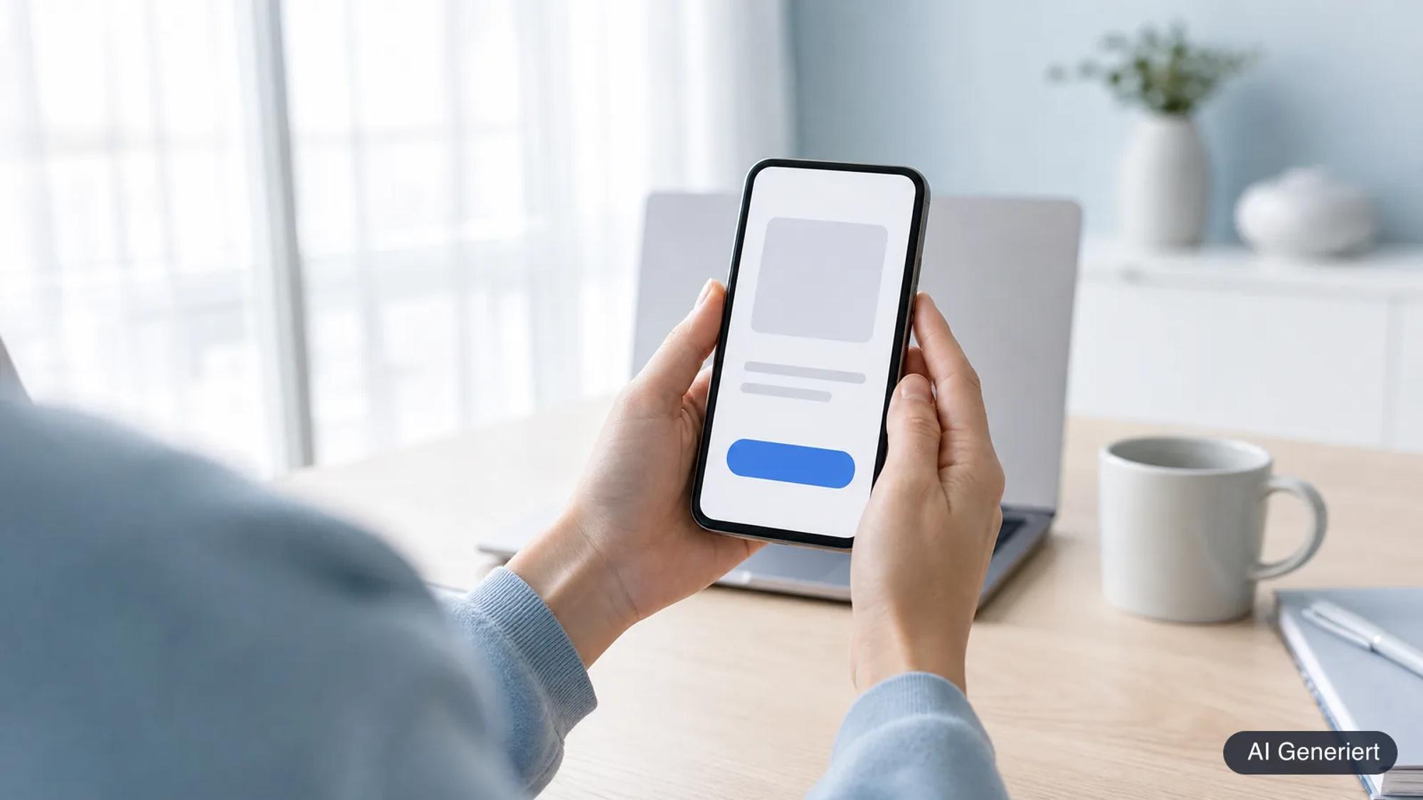 Person am Schreibtisch hält ein Smartphone mit einer Produktseite aus Bildplatzhalter, Textzeilen und blauem Bestell-Button; dahinter unscharf ein Laptop. KI-generiertes Bild.