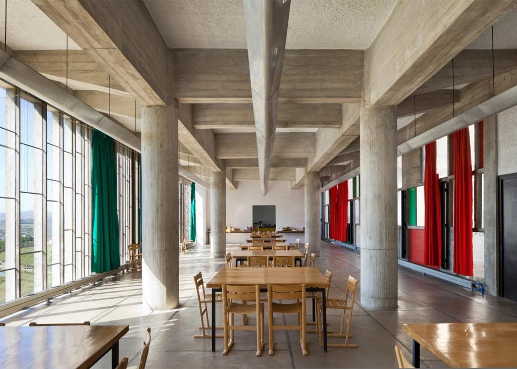 La Tourette Monastery on pilotis, a concrete staircase beneath the cell block
