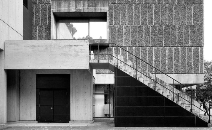 The external staircase and textured façade of the National Museum of Western Art, black-and-white photograph
