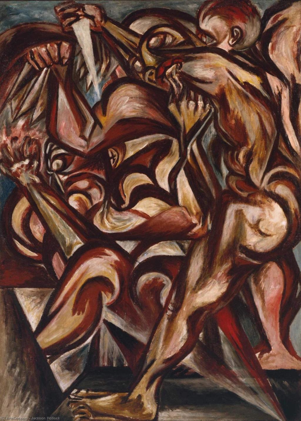 An early painting by Jackson Pollock depicting intertwined, struggling figures in warm brown and ochre tones