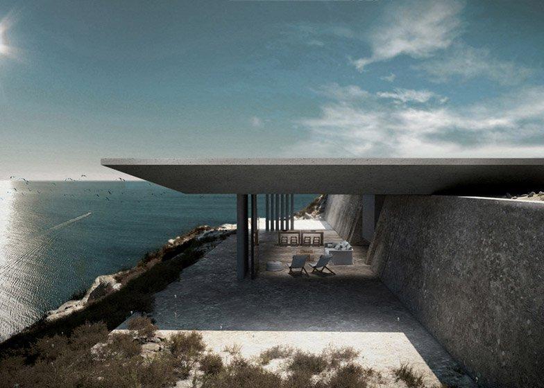 Бетонная терраса Mirage House с навесом и видом на море острова Тинос