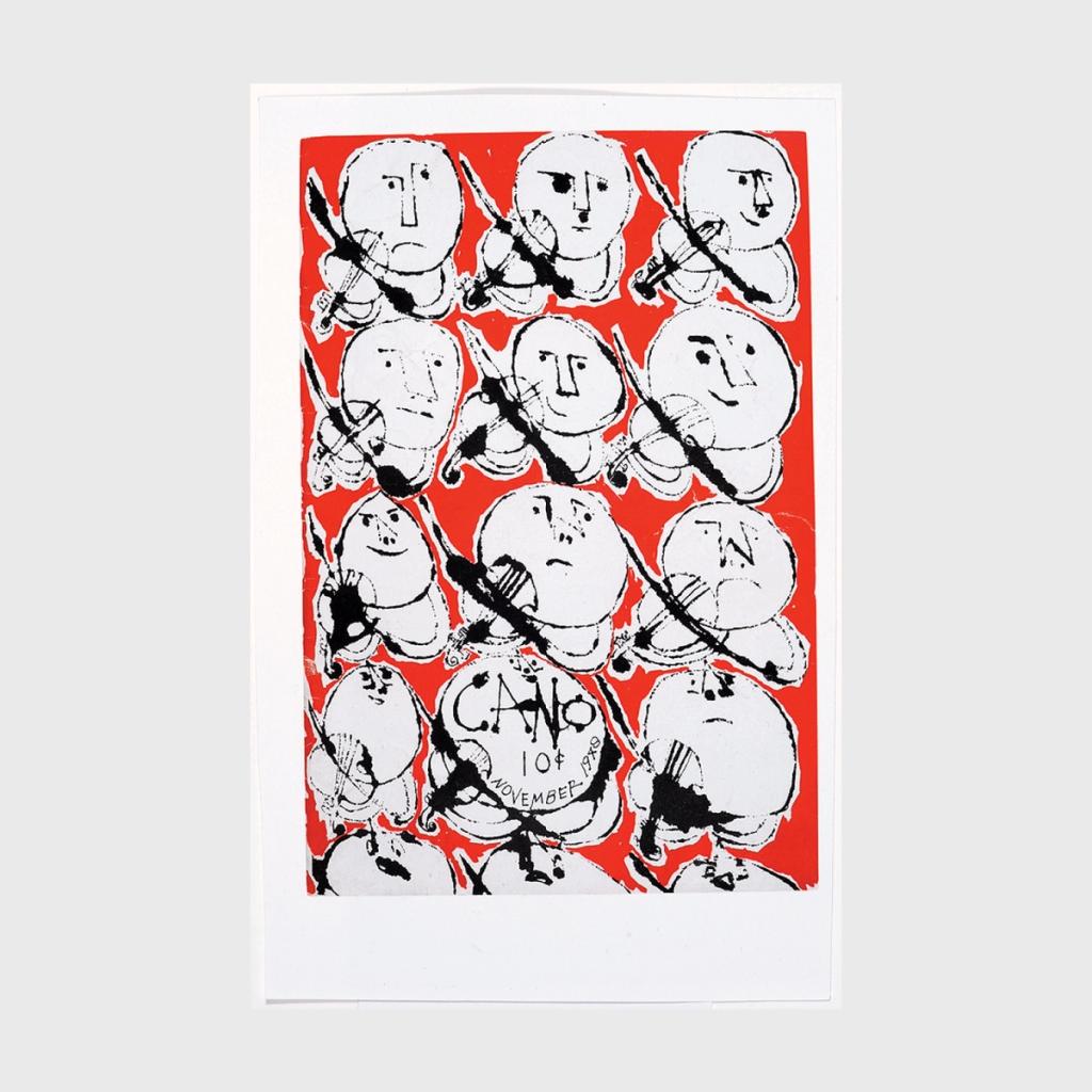 A printed sheet with rows of round-faced violinists on a red background