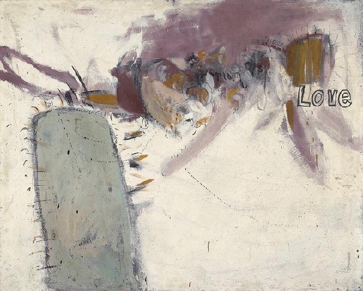 A light abstract canvas by Hockney bearing the word Love and a grey slab to the left