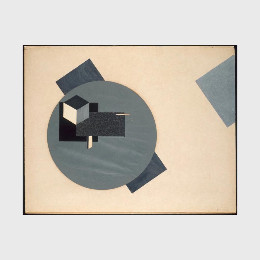 A Proun by El Lissitzky: a grey circle and black-and-grey geometric forms on a beige ground
