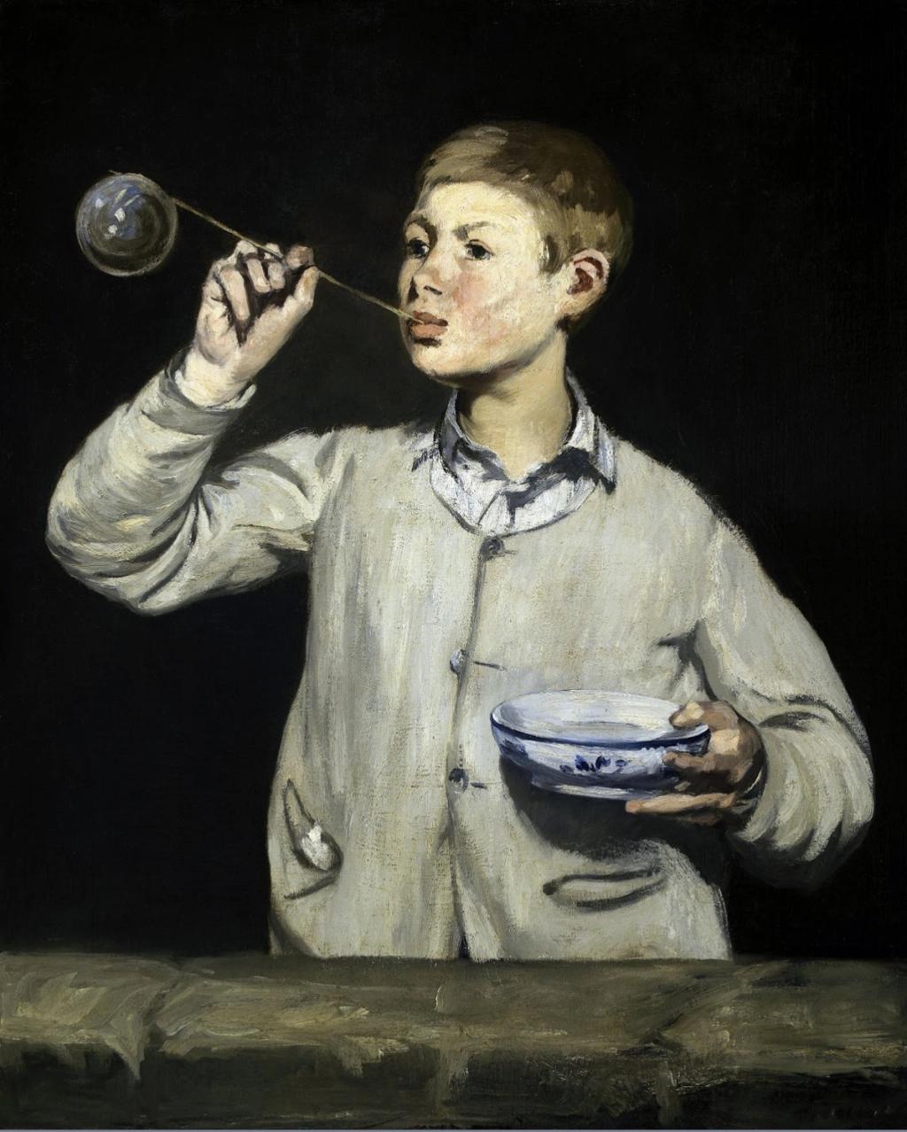 Manet's painting Boy Blowing Bubbles: a young boy blows a bubble through a straw