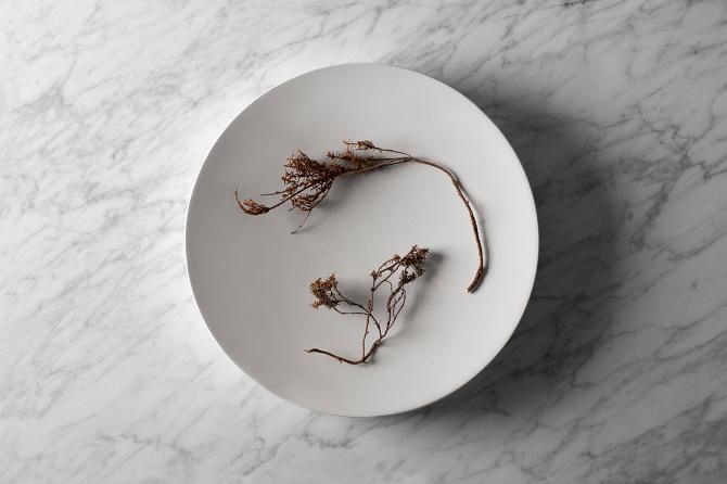 A white round plate with two sprigs of dried flowers against a white marble background, designed by Maxim Maximov