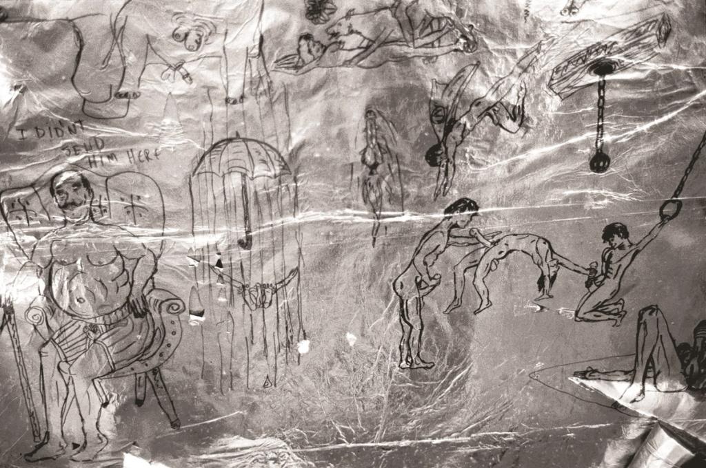 Drawings of figures and scenes applied to the crumpled silver foil covering the Factory's walls