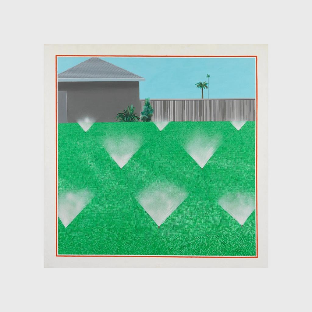 A Hockney painting with sprinkler spray on a vivid green lawn in front of a house