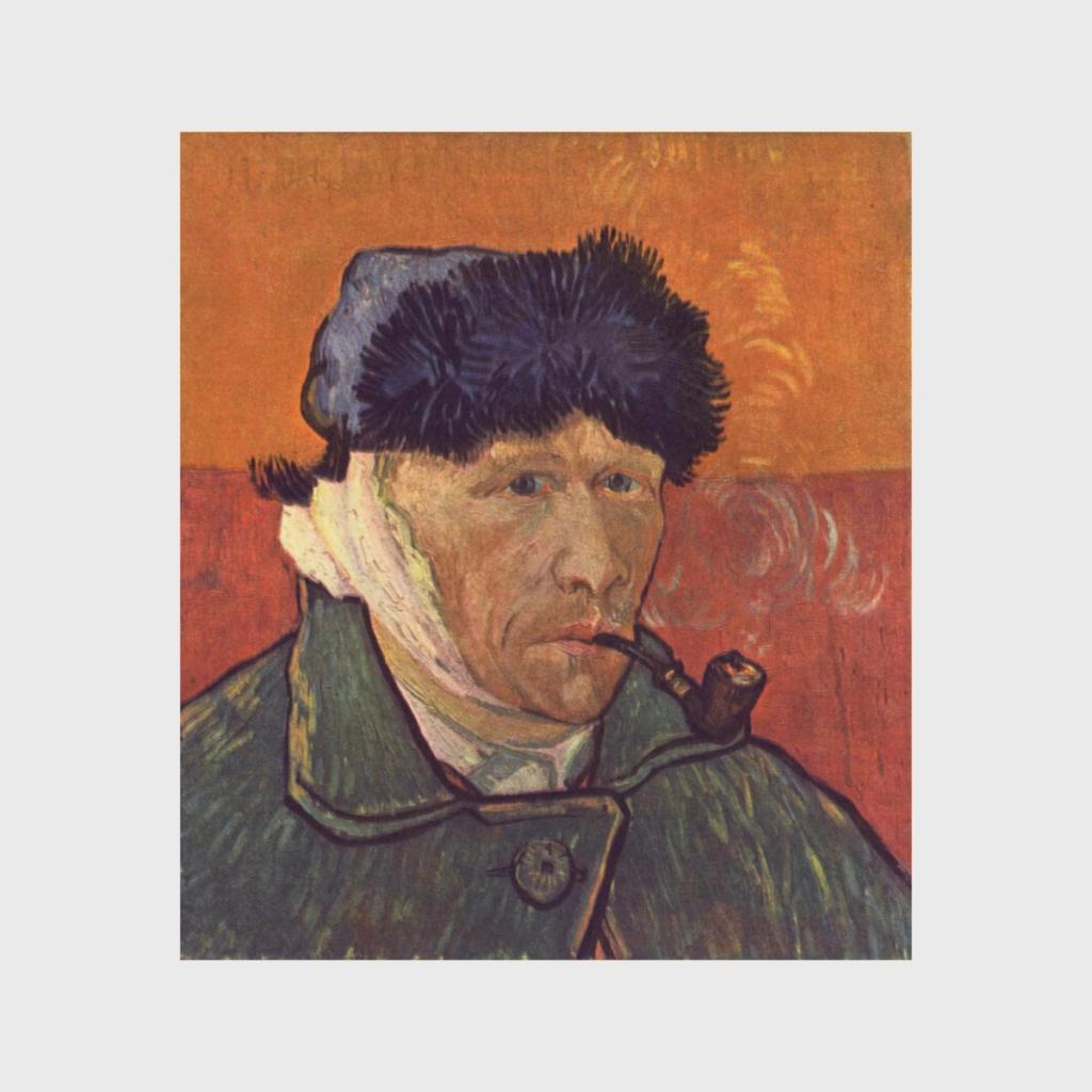 Van Gogh's self-portrait with a bandaged ear and pipe, in a fur hat against an orange-red background