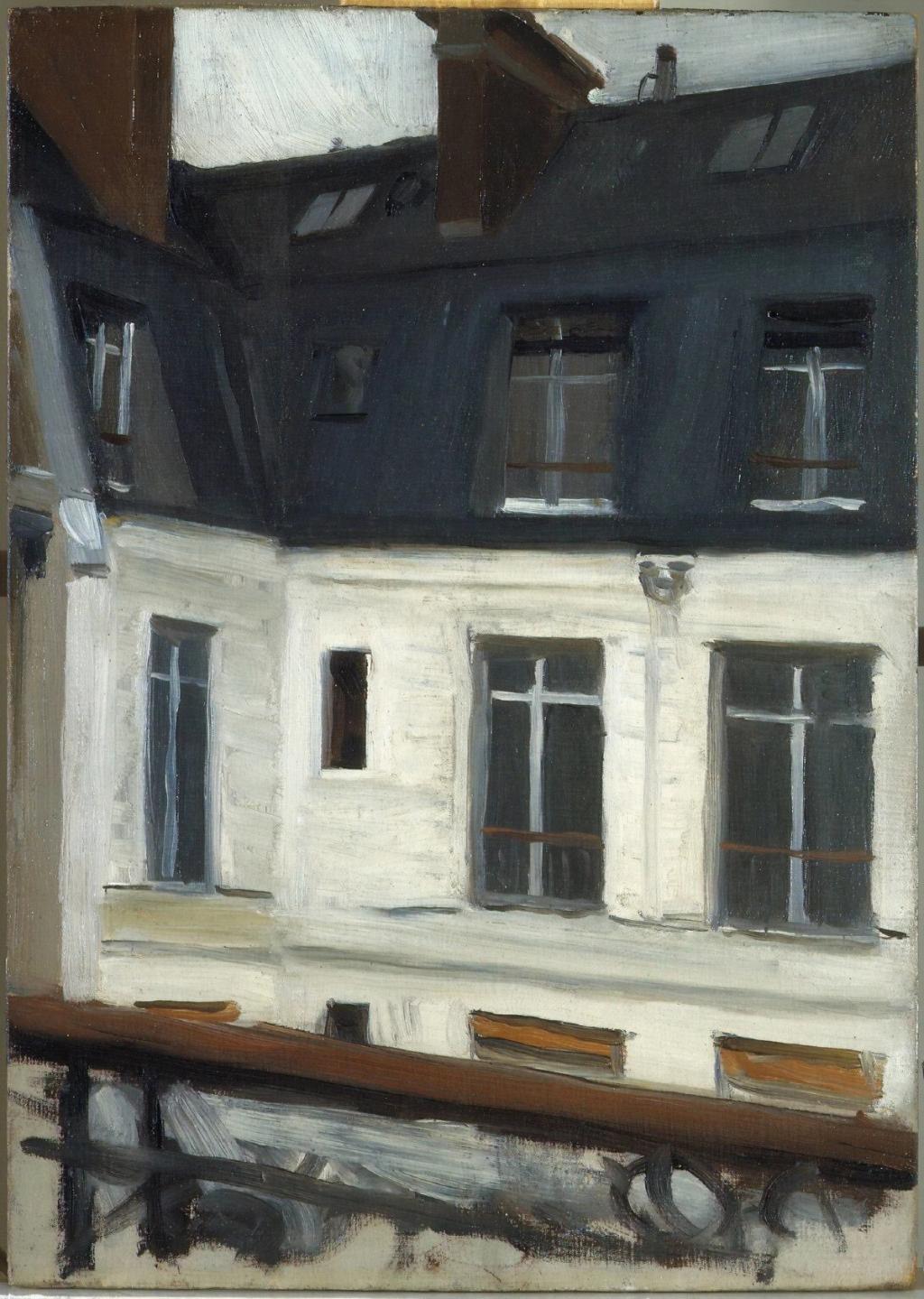 Edward Hopper's Parisian scene: the façade of a pale house with a dark mansard roof and windows