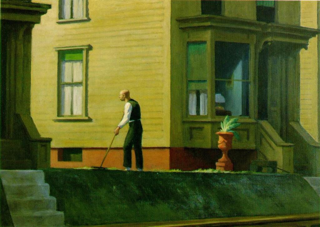 Hopper painting: a man with a rake on the lawn of a yellow Pennsylvania house