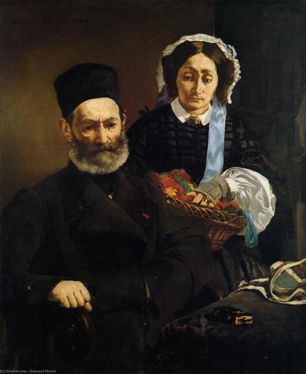 Portrait of the artist's parents: an elderly man in a black skullcap and a woman with a sewing basket