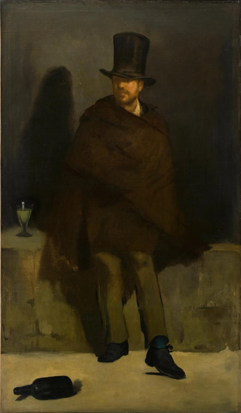 Édouard Manet's painting The Absinthe Drinker: a man in a top hat and cloak beside a glass
