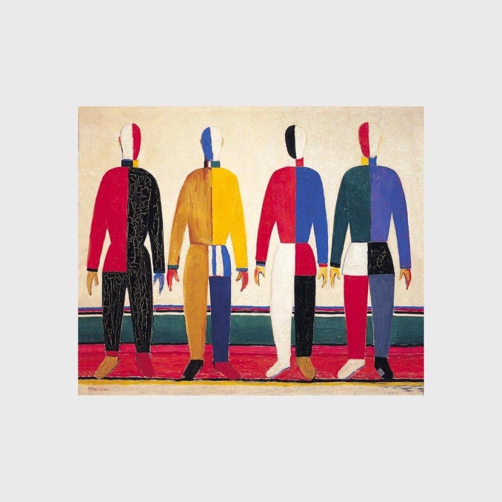 Painting Athletes: four symmetrical faceless figures in colourful clothing against a light background