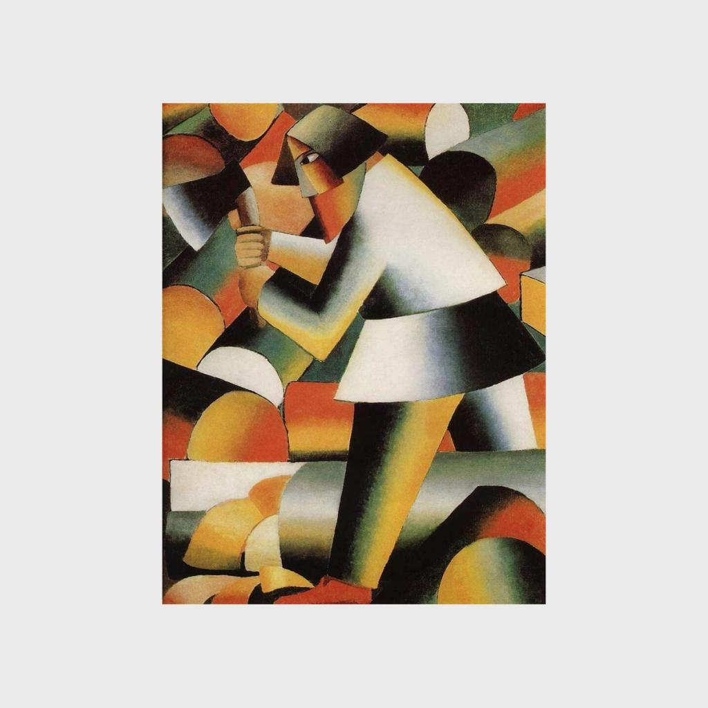 A Cubo-Futurist painting, The Woodcutter: the figure of a peasant with an axe rendered in cylindrical volumes