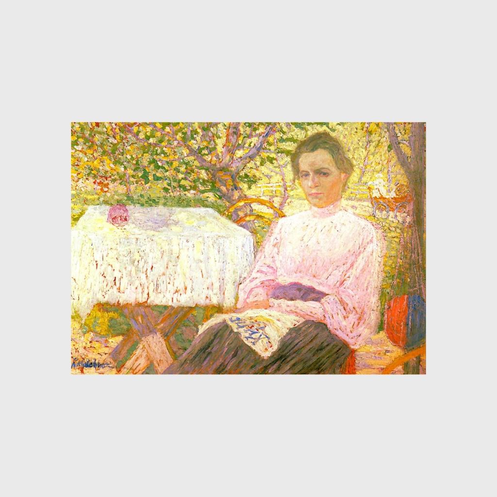 An Impressionist portrait of a woman in a white dress in a flowering garden beside a laid table