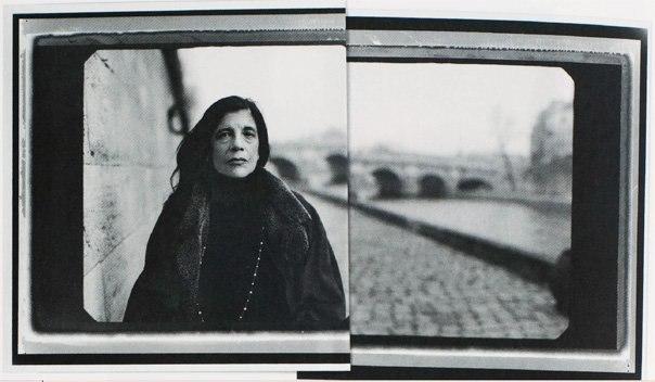 A woman in a dark coat by an embankment, a diptych with a river bridge in the second frame