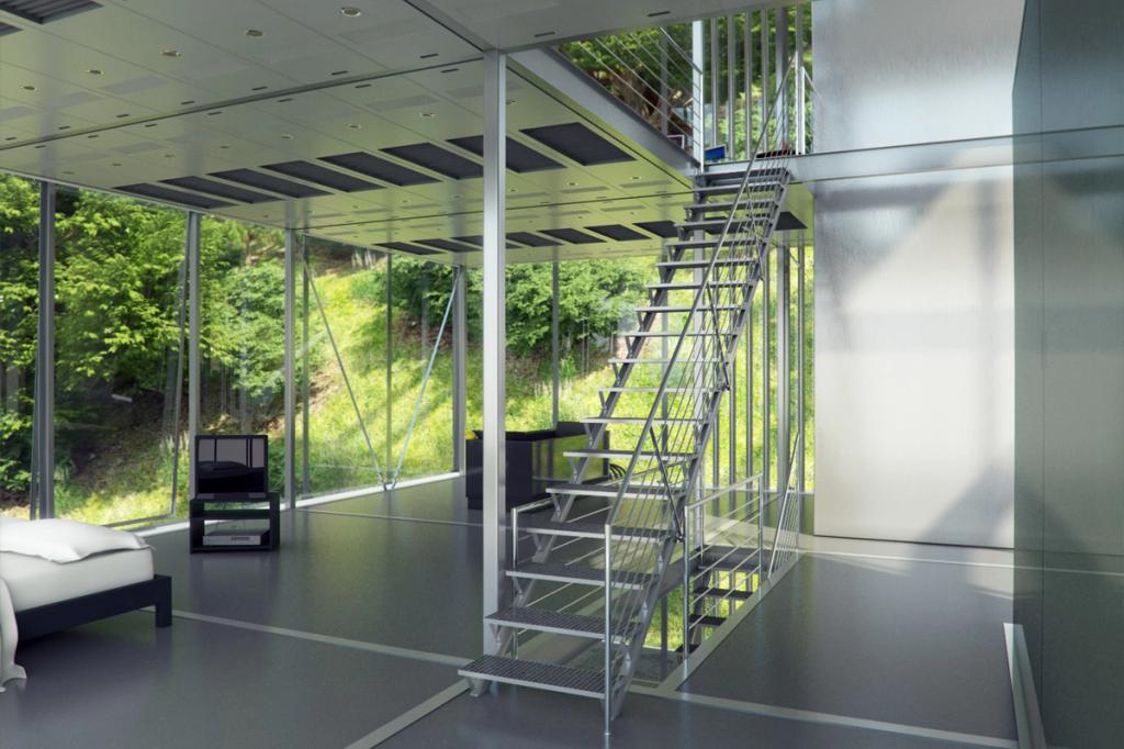 Interior of house R-128, featuring a steel staircase and a bed beside a glass wall
