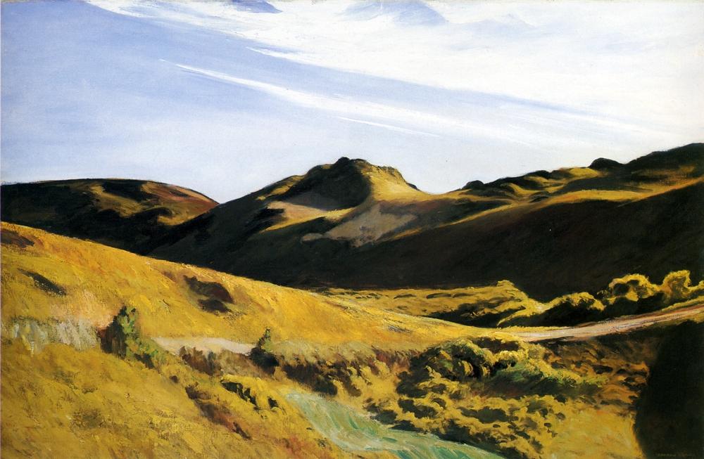 Hopper landscape: golden hills and a valley with a stream beneath a blue sky