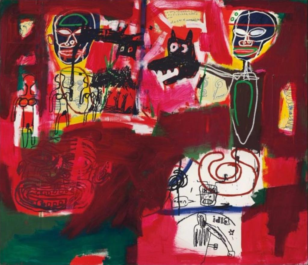 A Basquiat painting on a red background featuring mask-like faces, a black dog and schematic figures