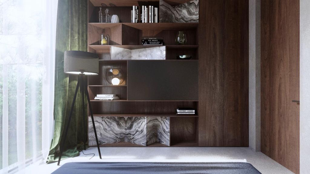Built-in wooden shelving unit with marble inserts, a floor lamp and a green curtain by the window