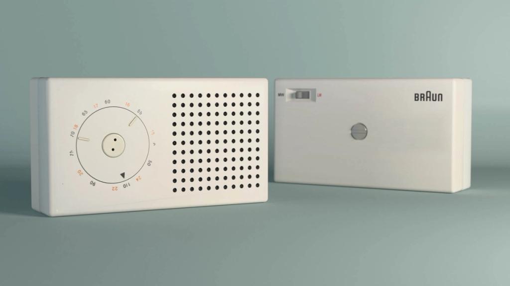 Braun T3 pocket radio in white with a circular perforated grille and tuning wheel