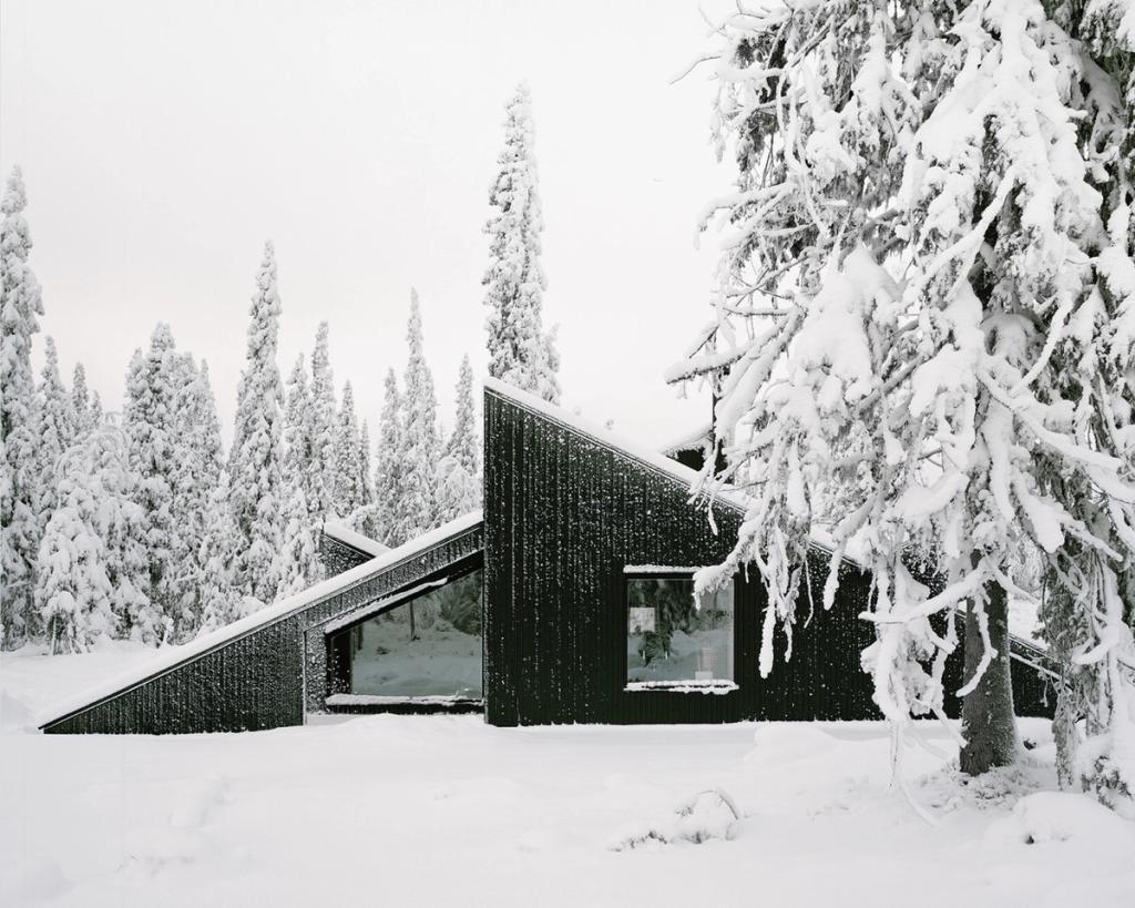 Чёрный деревянный домик Cabin Vindheim в заснеженном хвойном лесу, Норвегия