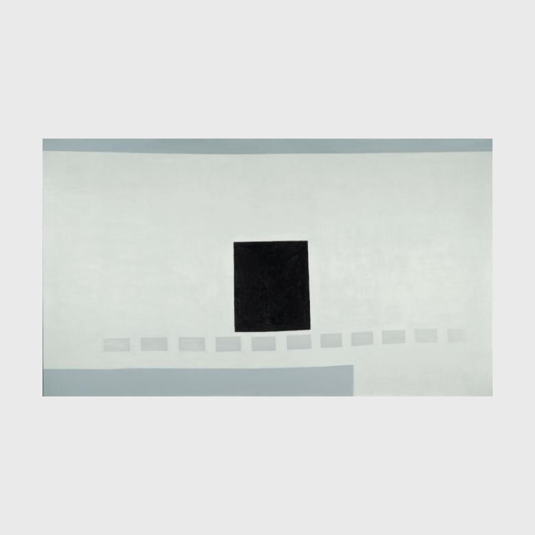 O'Keeffe painting In the Patio: a black square and a row of grey slabs on a pale wall