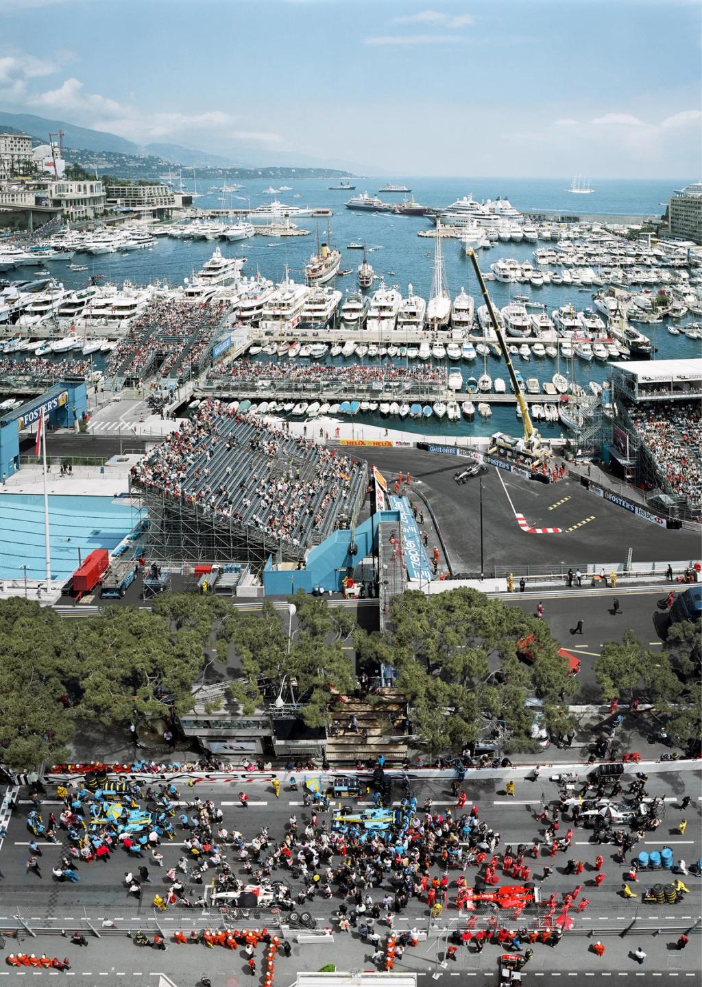 The Monaco Grand Prix from above: the circuit running along the harbour, lined with yachts and spectator stands