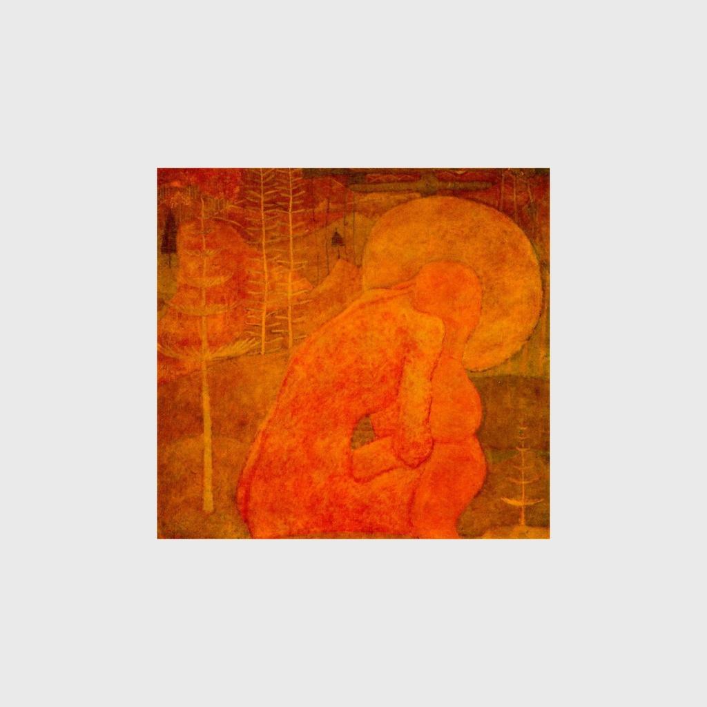A Symbolist composition in orange-red tones: a hunched nude figure among trees