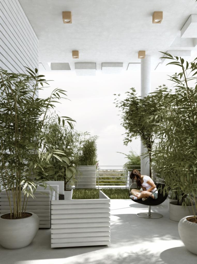 A planted terrace with potted greenery and a woman seated in a hanging chair