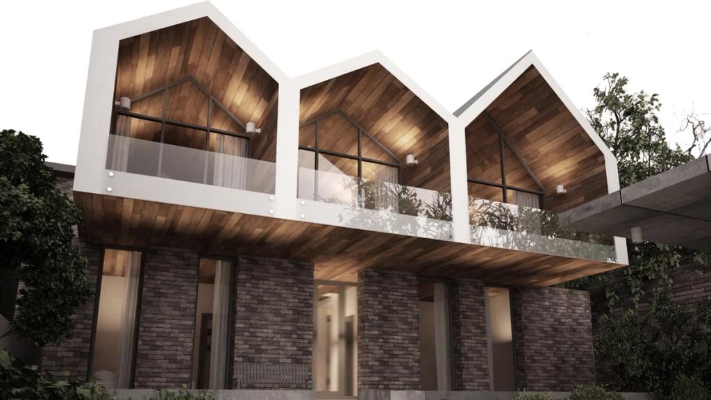 A house with three timber gabled fronts, a balcony with a glass balustrade and a brick ground floor, visualisation