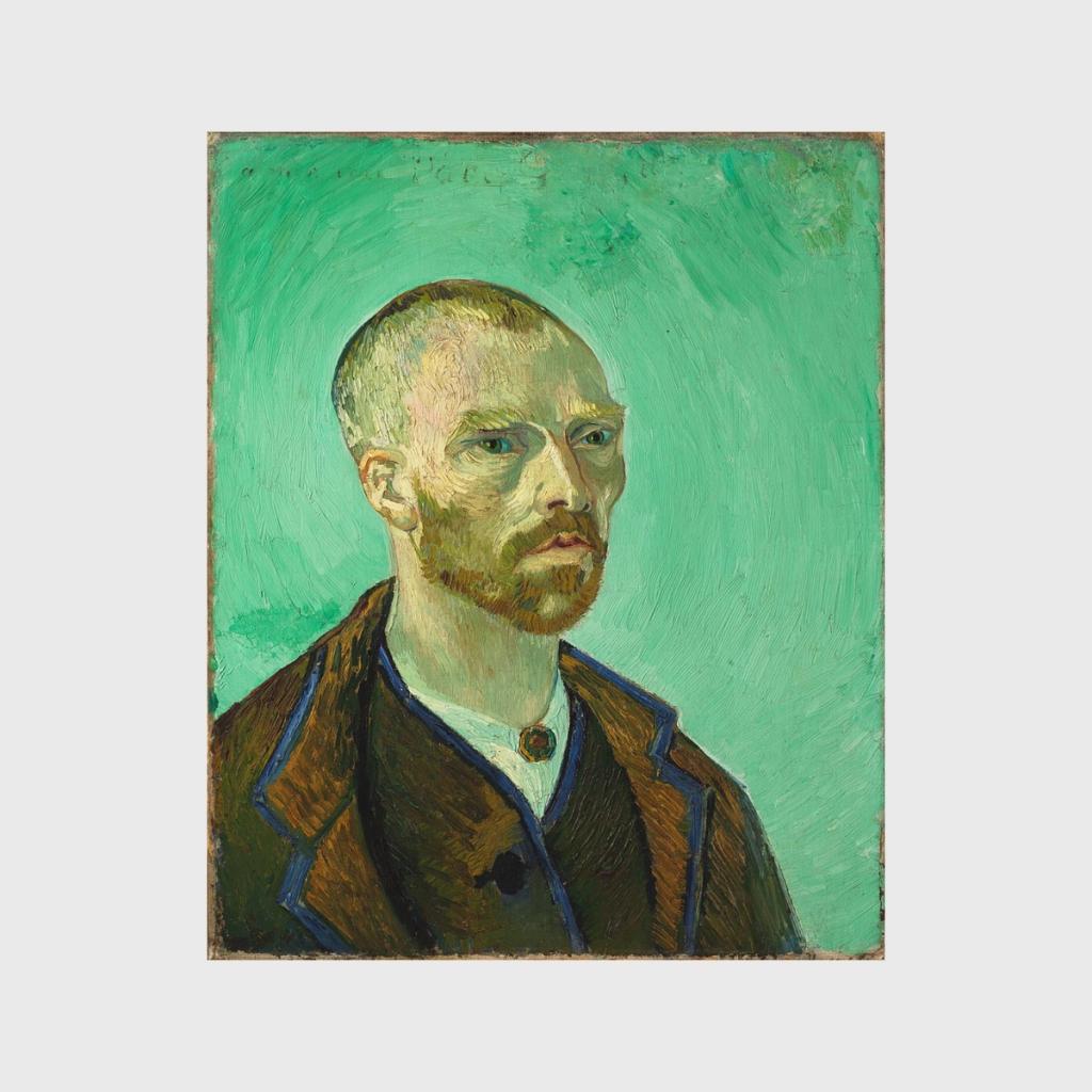 Van Gogh's self-portrait dedicated to Gauguin: a shaven-headed man with a red beard against a green background