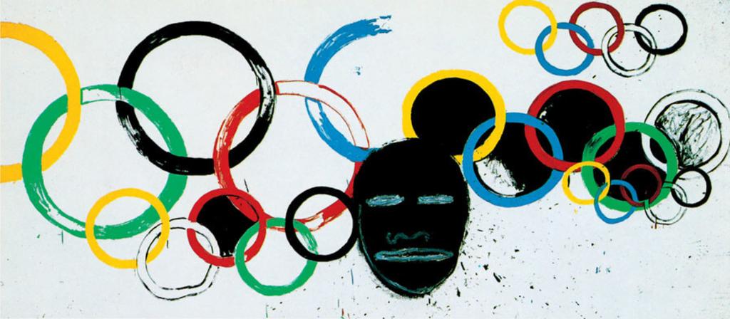 A collaborative work by Basquiat and Warhol: a black mask amid multicoloured Olympic rings