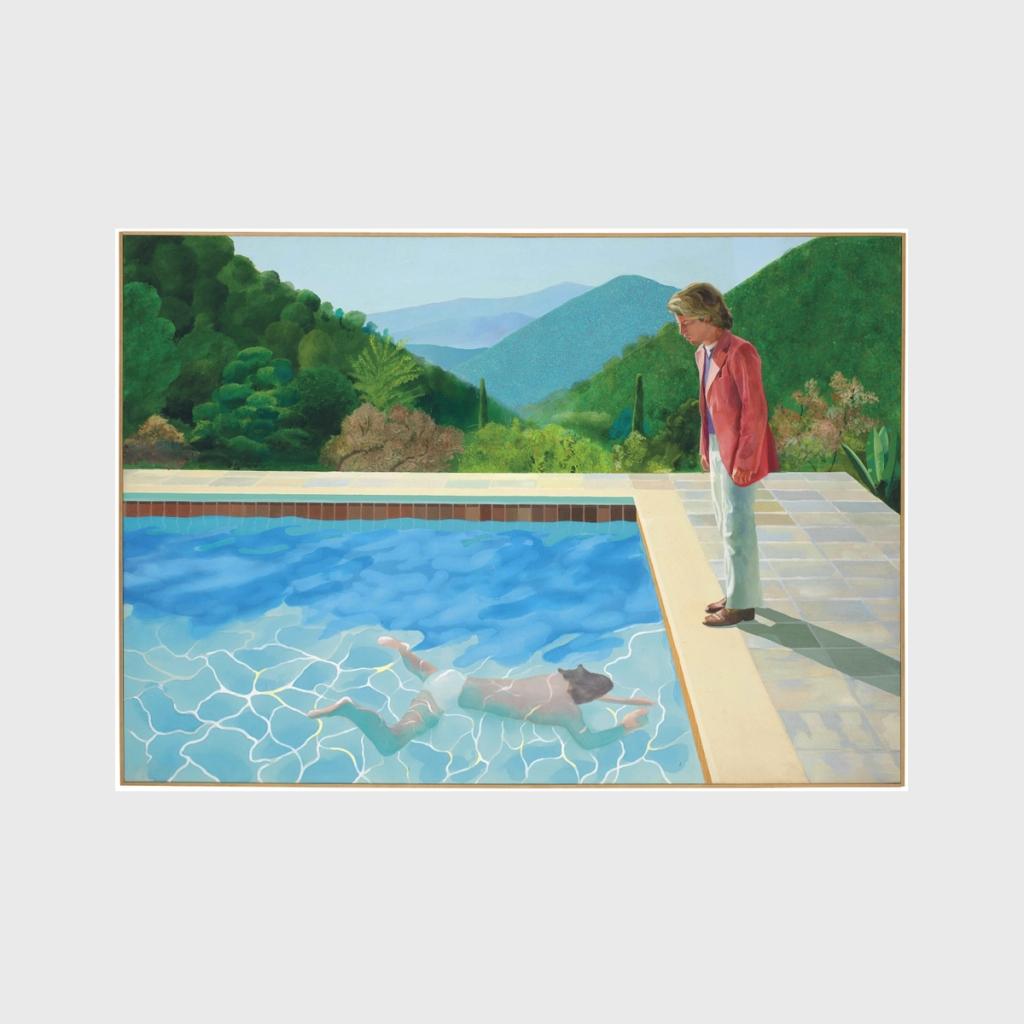 Hockney's painting Portrait of an Artist: swimmer in a pool and a man at the edge
