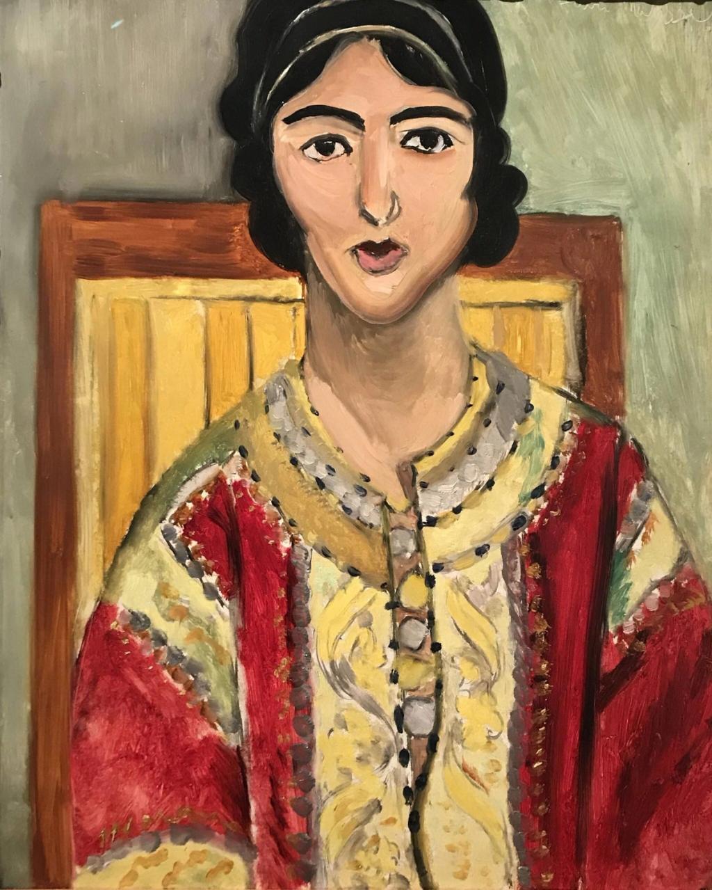 Matisse's portrait Lorette in a Red Jacket: a dark-haired woman in a red jacket against a green background