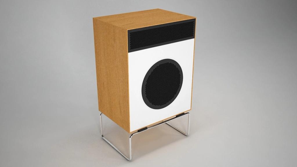 Braun L2 flat square speaker with a black grille on a slender metal stand